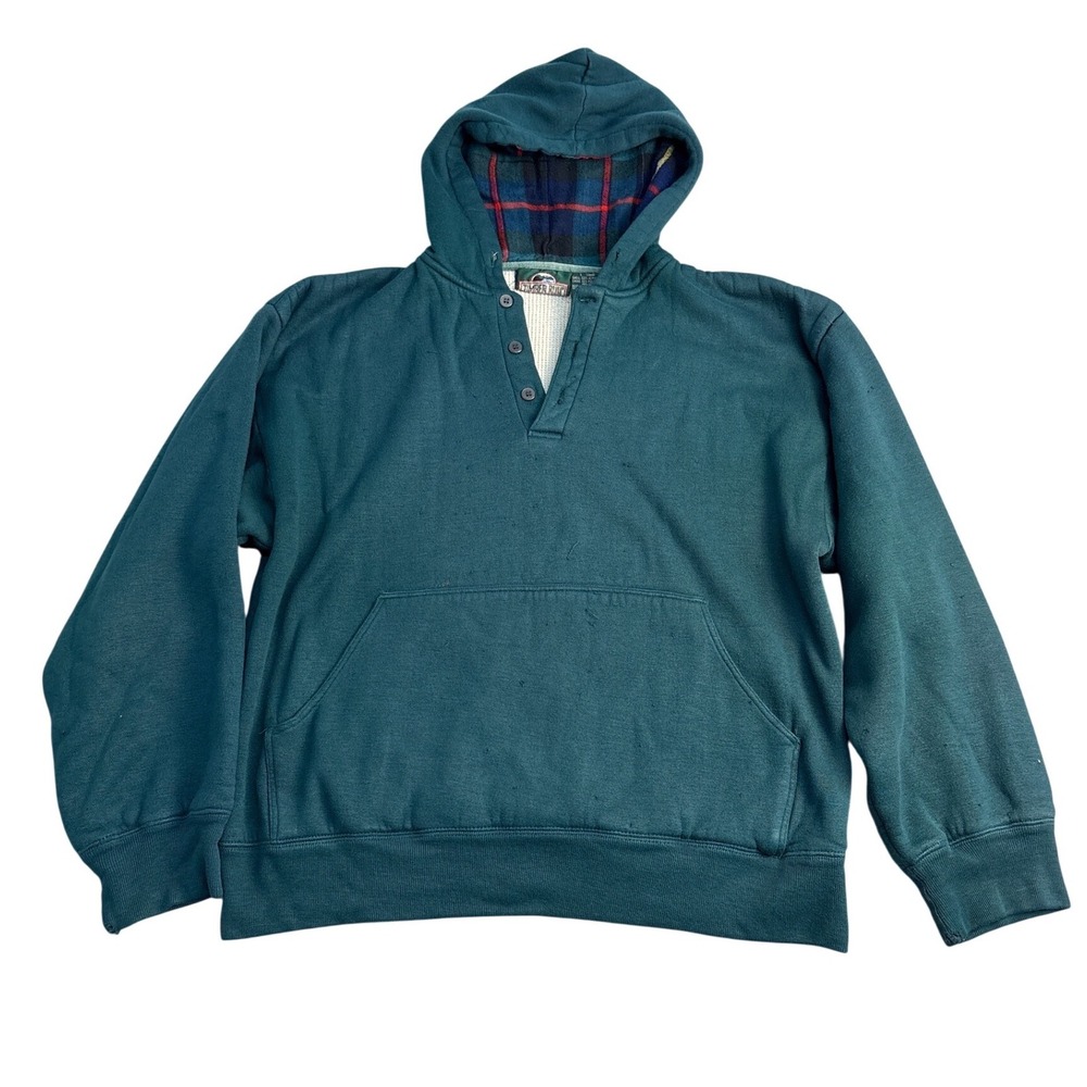 Vintage Timber Run Mens Teal Green Henley Hoodie Plaid Lined Thermal Large